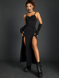 Bold Shade Punk Gothic High Split Backless Club Dress - Ruched Midi Partydress