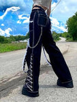 Gothic Lace-Up Patchwork Bandage Boot Cut Trousers - Distressed Streetwear Jeans