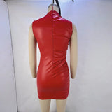 Sleek Sleeveless Ruched PU Leather Mini Dress – Bold and Eye-Catching