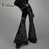 InsGoth High-Waist Gothic Flare Pants with Lace Patchwork