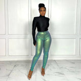 High-Waisted Silver Bright Pencil Pants - Stretchy and Perfect for Party or Club Wear