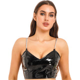 Patent Leather Crop Top Gothic Metal Chain V-Neck Zipper - Alt Style Clothing