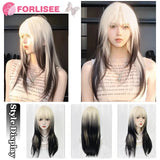 Long Straight Black and White Gothic Wig with Bangs – 26-Inch Double Color Cosplay Hair