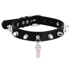 Crystal Choker Necklace Black Leather Spiked Chocker Collar - Alt Style Clothing