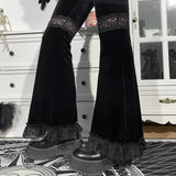 InsGoth High-Waist Gothic Flare Pants with Lace Patchwork