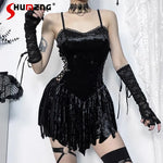 Goth Dark Fairy Grunge Bandage Velvet Mini Dress - Slim Fit, Spaghetti Strap, V-Neck