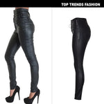 Edgy High-Waisted Faux Leather Skinny Pants with Side Lace-Up Detail