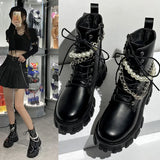 Platform Leather Ankle Motorcycle Boots with Pearl Chain – Stylish Designer Ladies' Shoes