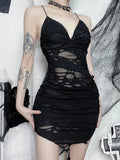 Gothic Black Bodycon Mini Dress with Distressed Grunge Detailing