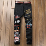 Punk Skinny Denim Jeans with Printed Design - Mid Waist, Light Wash