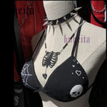 Gothic Spider Web Skull Print Black Bikini Top