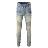 Ripped Patchwork Biker Jeans with Zipper Detailing - Slim Fit Moto Style