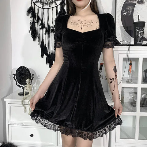 Vintage Lace Gothic Aesthetic Mini Dress with Puff Sleeves