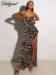 Leopard Print Chain Strap Side Slit Maxi Dress