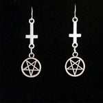 Inverted Cross Pentagram Gothic Drop Earrings – Antique Silver Design