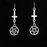 Inverted Cross Pentagram Gothic Drop Earrings – Antique Silver Design