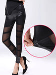 Gothic Leggings with PU Leather Stitching and Hollow Lace Details