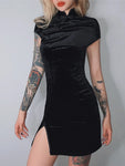 Goth Chinese Style Skinny Mini Dress - Velvet Sheath Slim Fit