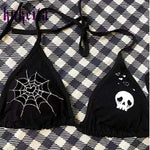 Gothic Spider Web Skull Print Black Bikini Top