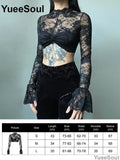 Sexy Gothic Crop Top - Long Sleeves with V-Neck and Velvet Lace Mesh in Black