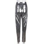 High-Waisted Silver Bright Pencil Pants - Stretchy and Perfect for Party or Club Wear