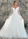 Classic Long-Sleeve Lace Appliques Wedding Gown with Sweep Train