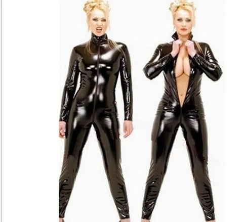 Unleash Your Dark Side with the Ultimate Patent Leather Jumpsuit Vinyl Latex Bondage Catsuit Zip Wetlook