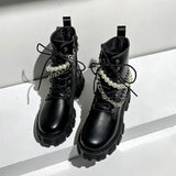 Platform Leather Ankle Motorcycle Boots with Pearl Chain – Stylish Designer Ladies' Shoes