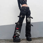 Gothic Lace-Up Patchwork Bandage Boot Cut Trousers - Distressed Streetwear Jeans