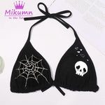 Gothic Spider Web Skull Print Black Bikini Top - Alt Style Clothing