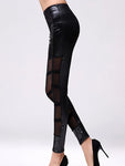 Gothic Leggings with PU Leather Stitching and Hollow Lace Details