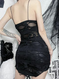 Gothic Black Bodycon Mini Dress with Distressed Grunge Detailing