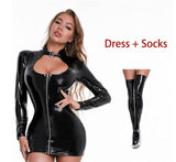 Sexy Zipper Wetlook PVC Leather Dress - Alt Style Clothing