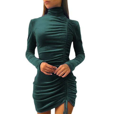 Long Sleeve Ruched Pure Sexy Streetwear Party Mini Dress