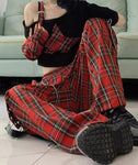 Gothic Checkered Cargo Plaid Pants - Women's Punk Wide-Leg Trousers