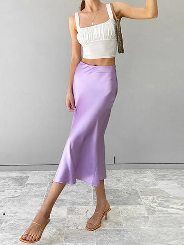 Solid Satin Silk High-Waisted A-Line Skirt - Elegant Office Wear