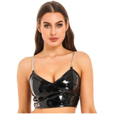 Patent Leather Crop Top Gothic Metal Chain V-Neck Zipper