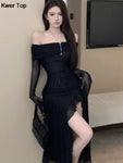 Split Ruffles Off Shoulder Evening Party Gothic Midi Dress