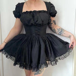 Lolita Black Dress Goth Aesthetic Puff Sleeve High Waist Vintage Bandage Dress - Alt Style Clothing