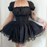 Lolita Black Dress Goth Aesthetic Puff Sleeve High Waist Vintage Bandage Dress - Alt Style Clothing