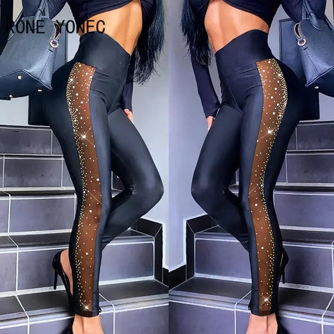 Sexy Plain Rhinestone Contrast Mesh High Waist Skinny Leggings