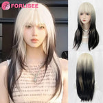 Long Straight Black and White Gothic Wig with Bangs – 26-Inch Double Color Cosplay Hair