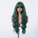 Dark Green Long Curly Wig with Bangs – 28-Inch Wavy Synthetic Hair