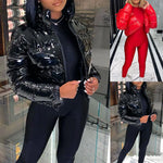 Shiny Patent Leather Short Jacket – Stand-Up Collar with 95% Duck Down Filling