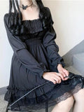 Gothic Square Collar Puff Sleeve Midi Dress with Bow Detail