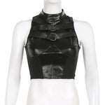 Gothic Dark Leather PU Patchwork Punk Style Button Up Bodycon Crop Top