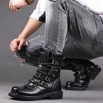 Rev up Your Style with Leather Motorcycle Mid-calf Military Combat Gothic Belt Punk Boots