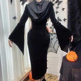 Gothic Vintage Black Dress with Batwing Sleeves and Bow Detail