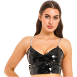 Patent Leather Crop Top Gothic Metal Chain V-Neck Zipper - Alt Style Clothing