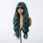 Dark Green Long Curly Wig with Bangs – 28-Inch Wavy Synthetic Hair